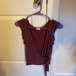 Burgundy ruffle sleeve cross over shirt!